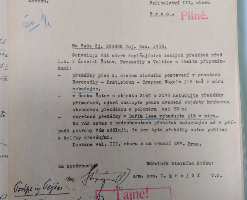 Pokyn ze dne 13.9. 1938 o výstavbě lehkých překážek i pro oblast Prátlsbrun - 2. sled. Překážky se v době míru budovat nemají, pouze 