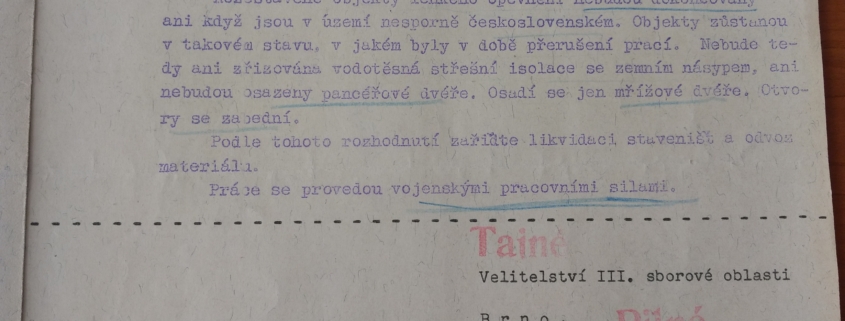 Rozkaz ze dne 18. října 1938 - lehké objekty nedokončovat, práce zastavit, materiál stáhnout a již provedené práce proplatit. Foto ze sbírky autora