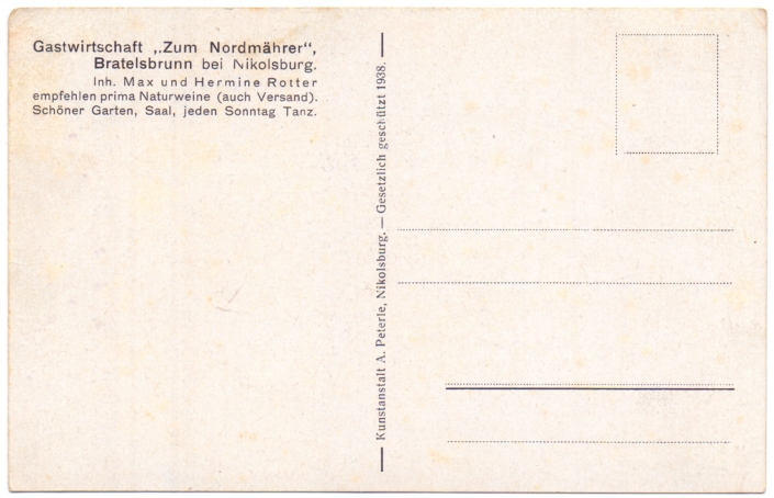 Bratelsbrunn, hostinec a ubytování Max Rotter, rok 1938 - zdroj: Sbírka Peter Frank, Stuttgart – sbírka Mušov