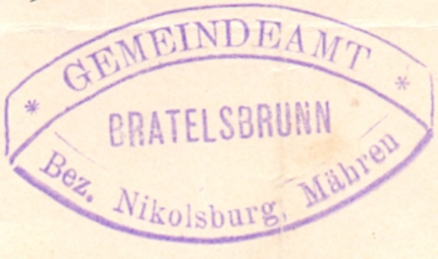 Bratelsbrunn razítko obce – 1904, zaslal: Peter Frank, Stuttgart – sbírka Mušov