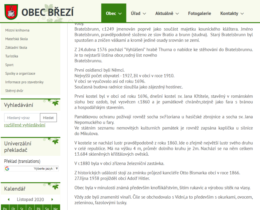 Snímek webové stránky obce Březí - záložka Historie obce, listopad 2020
