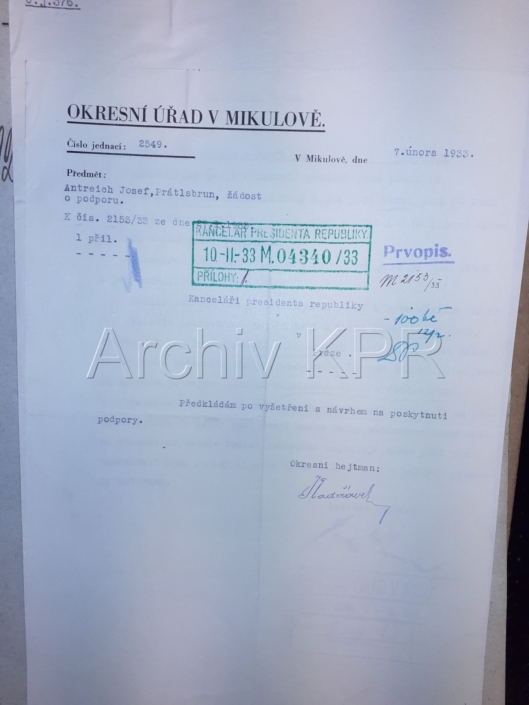 Josef Antreich, nezaměstnaný zedník, Prátlsbrun, návrh po vyšetření na poskytnutí podpory, zdroj: Archiv Kanceláře prezidenta republiky
