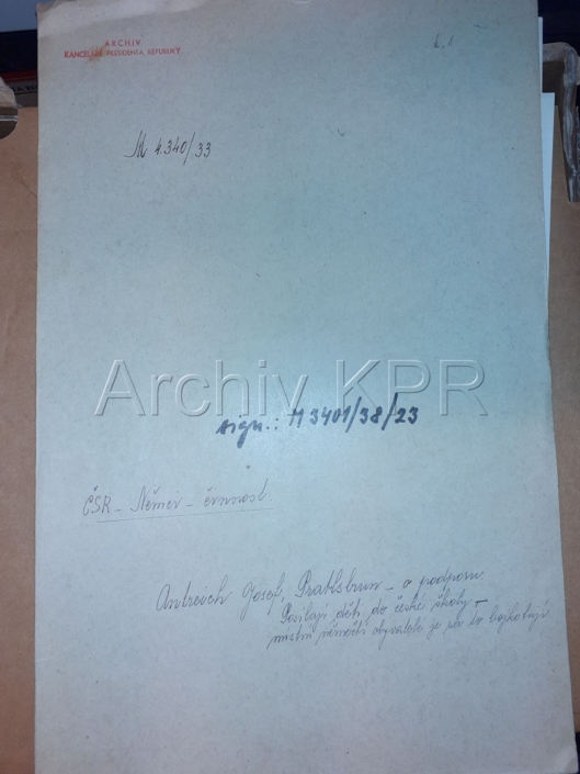 Josef Antreich, nezaměstnaný zedník, Prátlsbrun, složka M 3401/38/23, zdroj: Archiv Kanceláře prezidenta republiky