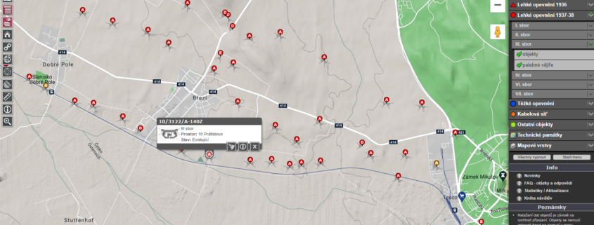 Přehled lehkých objektů okolo obce Prátlsbrun (nyní obec Březí), zdroj: mapa.opevneni.cz