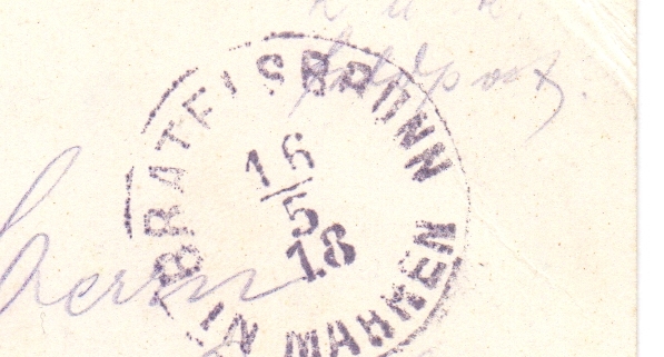 Poštovní razítko Bratelsbrunn (Rakousko-Uhersko) – 1918, poskytl: Peter Frank, Stuttgart – sbírka Mušov
