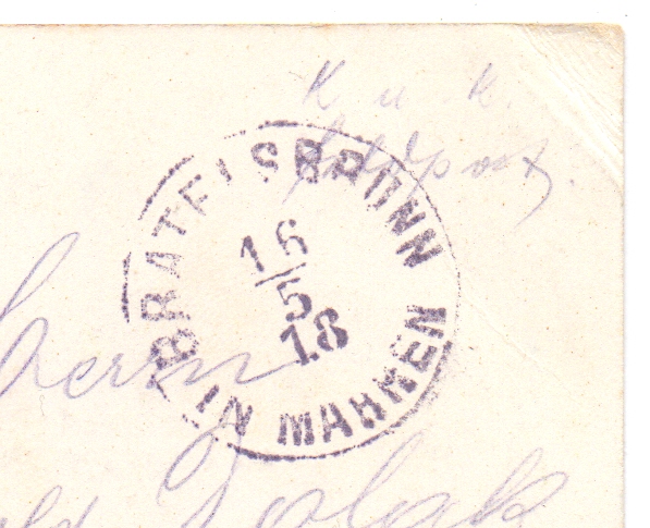 Poštovní razítko Bratelsbrunn (Rakousko-Uhersko) – 1918, poskytl: Peter Frank, Stuttgart – sbírka Mušov