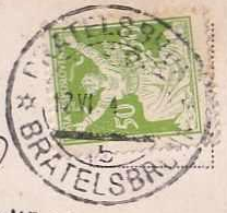 Otisk poštovního razítka (Československo, typ M.44) Pratelsbrun – Bratelsbrunn, které bylo používáno během let 1921 – 1925, zdroj: sbírka autora