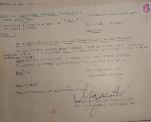 1941 - rozkaz ke střežení trati pro Ludvíka Fojtíka - zdroj: Archiv bezpečnostních složek