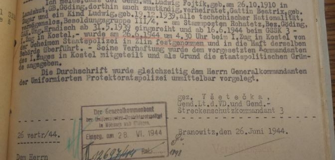 Jedna z mnoha německy psaných vyšetřovacích zpráv o zatčení Ludvíka Fojtíka dne 26. 6. 1944
