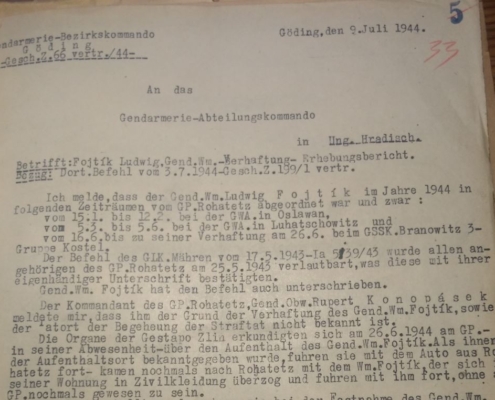 1944, 9. července (Uh. Hradiště) - zpráva ohledně zatčení Ludvíka Fojtíka - část a - zdroj: Archiv bezpečnostních složek