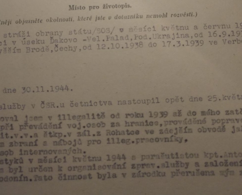 1945 - dotazník s otázkou ohledně možnosti dosvědčení skutečností z období 2. světové války - životopis - zdroj: Archiv bezpečnostních složek