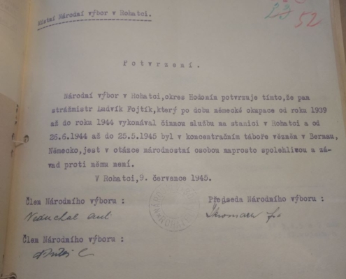 1945 - osvědčení o vykonávání služby na stanici Rohatec - Ludvík Fojtík - zdroj: Archiv bezpečnostních složek