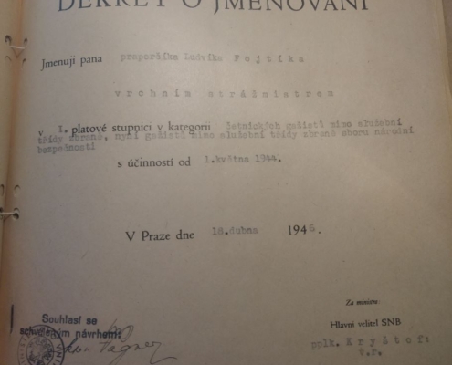 1946 - Dekret o jmenování Ludvíka Fojtíka vrchním strážmistrem, zdroj: Archiv bezpečnostních složek