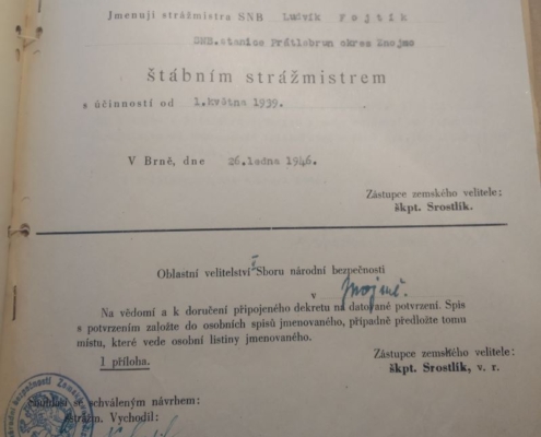 1946 - Dekret o jmenování Ludvíka Fojtíka štábním strážmistrem, zdroj: Archiv bezpečnostních složek