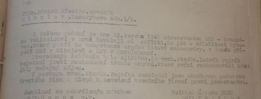 Rudolf Polák z Prátlsbrunu v roce 1947 podává stížnost na Ludvíka Fojtíka, ta je ale zamítnuta.