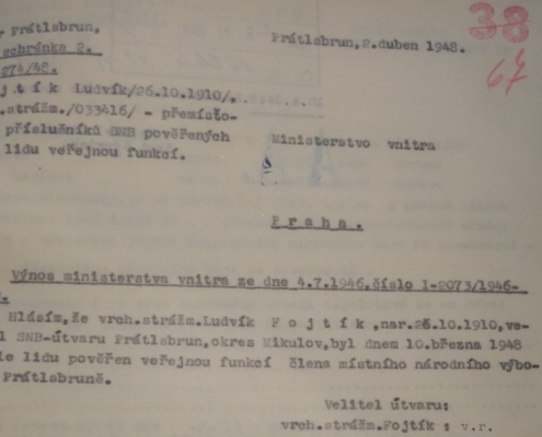 1948 - hlášení Ludvík Fojtík, člen Místního národního výboru - zdroj: Archiv bezpečnostních složek