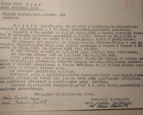 1948 - Posudek na Ludvík Fojtík, vrchní strážmistr SNB - zdroj: Archiv bezpečnostních složek