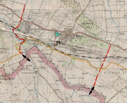 Mapa z roku 1964 zobrazující střežené pásmo Pohraniční stráží z Březí (dříve Prátlsbrun) v jejím úseku. Zdroj: Jan Lakosil