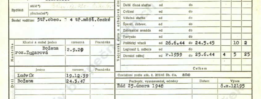 Osobní karta z roku 1950, strana 1 - Ludvík Fojtík - zdroj: Archiv bezpečnostních složek