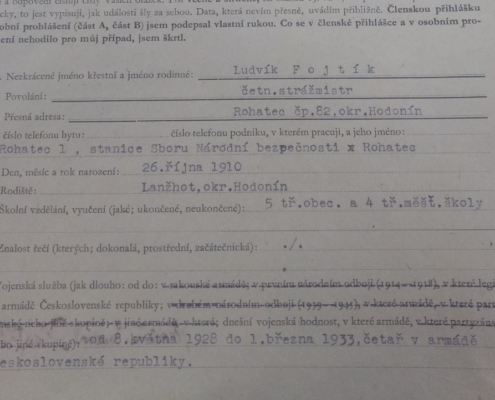 Přihláška str. 1, část 2 - Ludvík Fojtík - Svaz osvobozených politických vězňů v Praze, Ludvík Fojtík, zdroj: Národní archiv České republiky (NAČR)