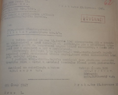 Zamítnutí stížnosti Rudolfa Poláka z Prátlsbrunu na Ludvíka Fojtíka, rok 1947 - zdroj: Archiv bezpečnostních složek