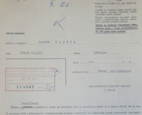 Ludvík Fojtík žádá o rozšíření osvědčení podle zák. čís. 255/1946 Sb., rok 1969 – zdroj: Vojenský historický archiv