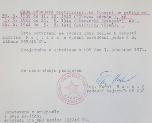 Okresní výbor Komunistické strany Československa v Břeclavi posílá na Ministerstvo obrany potvrzení o odbojové činnosti Ludvíka Fojtíka, strana 3, rok 1971 – zdroj: Vojenský historický archiv