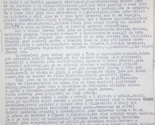 Souhrnná zpráva Ludvíka Fojtíka z roku 1971 ohledně jeho odbojové činnosti od března 1939 do roku 1945, strana 2 – zdroj: Vojenský historický archiv