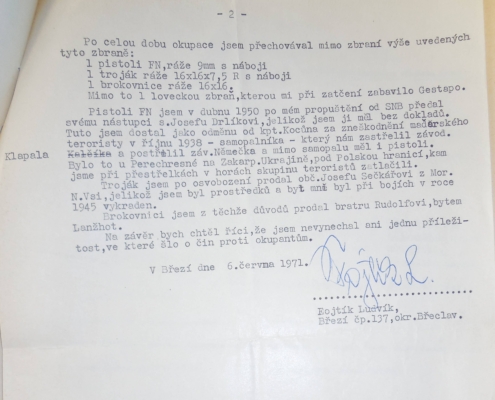 Souhrnná zpráva Ludvíka Fojtíka z roku 1971 ohledně jeho odbojové činnosti od března 1939 do roku 1945, strana 3 – zdroj: Vojenský historický archiv