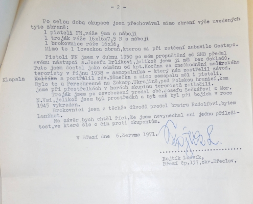 Souhrnná zpráva Ludvíka Fojtíka z roku 1971 ohledně jeho odbojové činnosti od března 1939 do roku 1945, strana 3 – zdroj: Vojenský historický archiv