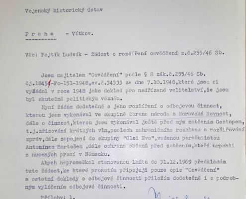 Ludvík Fojtík žádá o rozšíření osvědčení podle zák. čís. 255/1946 Sb., rok 1969 – zdroj: Vojenský historický archiv