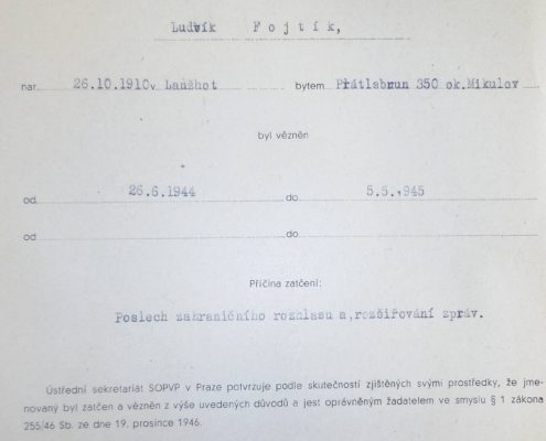 Ludvík Fojtík - potvrzení od Svazu osvobozených politických vězňů a pozůstalých po politických vězních v Československé republice, Ústřední sekretariát v Praze, rok 1948 - zdroj: Vojenský historický ústav