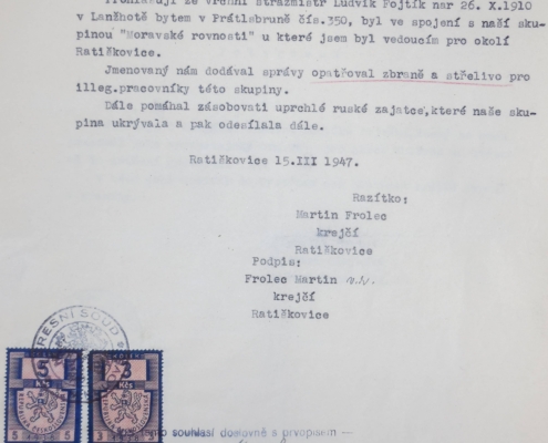 Martin Frolec potvrzuje odbojové aktivity Ludvíka Fojtíka, rok 1947 - zdroj: Vojenský historický archiv