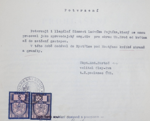 Antonín Bartoš potvrzuje illegální činnosti Ludvíka Fojtíka, rok 1947 - zdroj: Vojenský historický archiv
