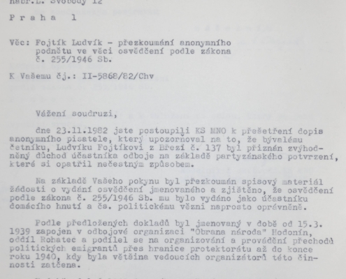 Ministerstvo národní obrany posílá vyrozumění na ÚV KSČ, strana 1, rok 1982 – zdroj: Vojenský historický archiv