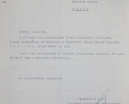 Komunistická strana Československa postupuje dopis anonymního pisatele na Ministerstvo národní obrany – Kádrová správa, rok 1982 – zdroj: Vojenský historický archiv