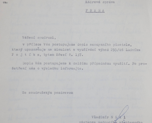 Komunistická strana Československa postupuje dopis anonymního pisatele na Ministerstvo národní obrany – Kádrová správa, rok 1982 – zdroj: Vojenský historický archiv