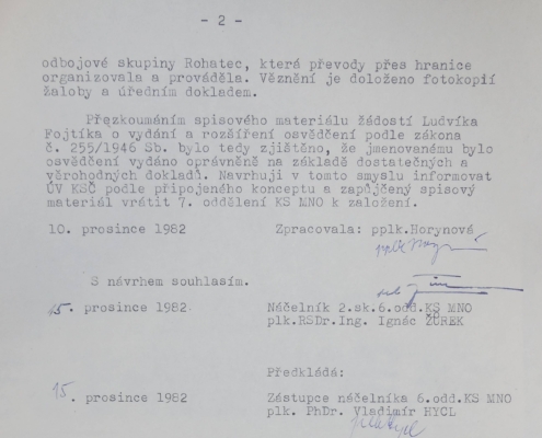 Ministerstvo národní obrany po prošetření došlo k závěru v případě anonymního podání na Ludvíka Fojtíka, strana 2, rok 1982 – zdroj: Vojenský historický archiv