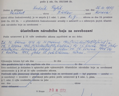 Ludvík Fojtík - Osvědčení podle par. zák. čís. 255/1946 Sb., vydáno 20. III. 1972 – zdroj: Vojenský historický archiv