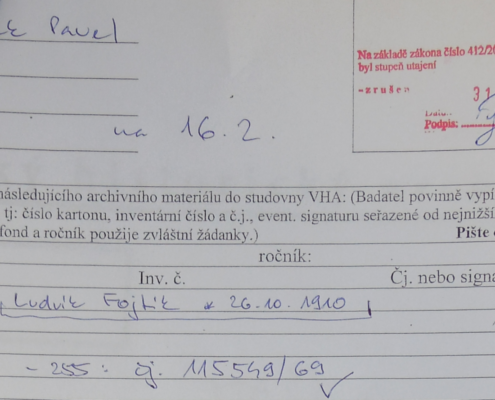 Žádost o zapůjčení materiálu týkající se Ludvíka Fojtíka do studovny Vojenského historického archivu, rok 2022 – zdroj: autor