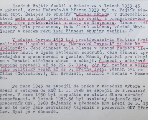 Okresní výbor Komunistické strany Československa v Břeclavi posílá na Ministerstvo obrany potvrzení o odbojové činnosti Ludvíka Fojtíka, strana 2, rok 1971 – zdroj: Vojenský historický archiv