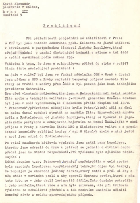 Alexandr Kováč z OBZ Brno dává v roce 1966 prohlášení ohledně Dobrosla Lupuljeva, strana 1, zdroj: Vojenský ústřední archiv