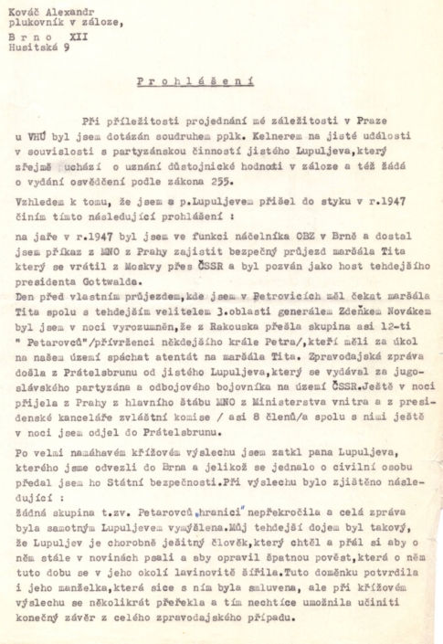 Alexandr Kováč z OBZ Brno dává v roce 1966 prohlášení ohledně Dobrosla Lupuljeva, strana 1, zdroj: Vojenský ústřední archiv