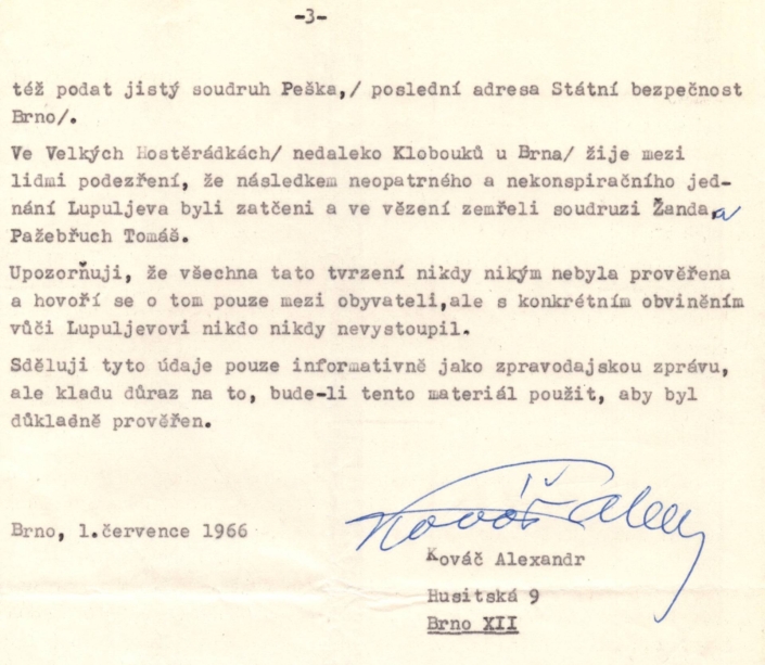 Alexandr Kováč z OBZ Brno dává v roce 1966 prohlášení ohledně Dobrosla Lupuljeva, strana 3, zdroj: Vojenský ústřední archiv