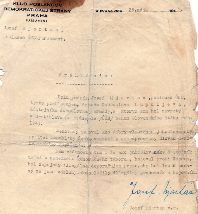 Jozef Mjartan v roce 1947 dává výpověď pro Dobroslav Lupuljev. Zdroj: Vojenský ústřední archiv
