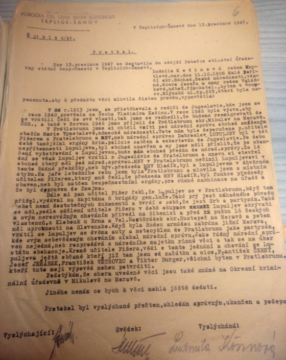 Lída Košinová - protokol z výpovědi, zdroj: Archiv bezpečnostních složek