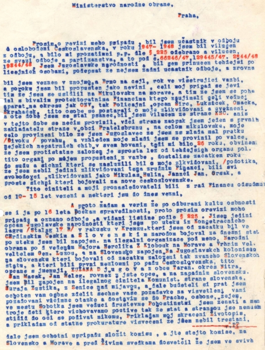 Dobroslav Lupuljev v roce 1965 žádá o přezkoumání svých odbojových aktivit a vydání potvrzení dle zák. 255/46 Sb. Strana 1, zdroj: Vojenský ústřední archiv