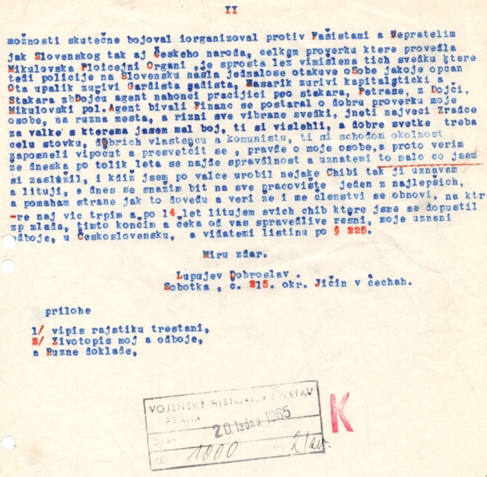Dobroslav Lupuljev v roce 1965 žádá o přezkoumání svých odbojových aktivit a vydání potvrzení dle zák. 255/46 Sb. Strana 2, zdroj: Vojenský ústřední archiv