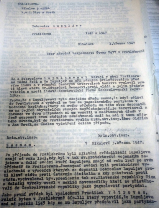 Výpovědi občanů obce Prátlsbrun proti Dobroslavu Lupuljevovi z roku 1947, strana 1, zdroj: Archiv bezpečnostních složek