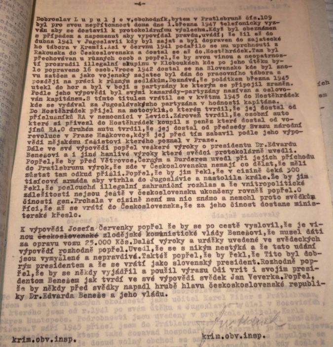 Výpovědi občanů obce Prátlsbrun proti Dobroslavu Lupuljevovi z roku 1947, strana 4, zdroj: Archiv bezpečnostních složek